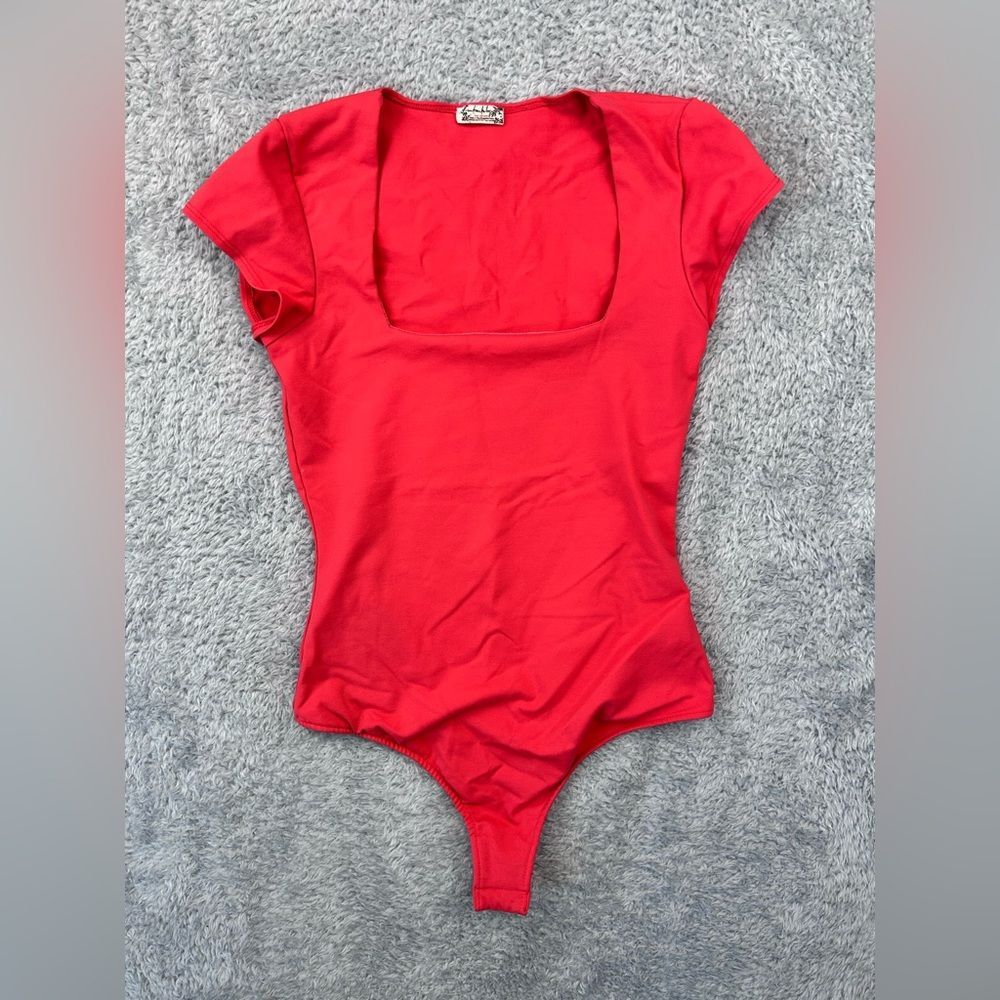 Intimately Free People Square Neck Bodysuit Thong Lined Snap Crotch Bright Red S